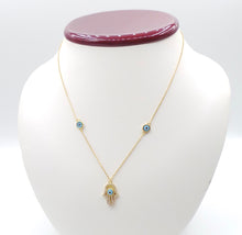 Load image into Gallery viewer, BLUE EVIL EYE HAMZA CHARM GOLD NECKLACE