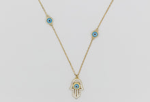 Load image into Gallery viewer, BLUE EVIL EYE HAMZA CHARM GOLD NECKLACE